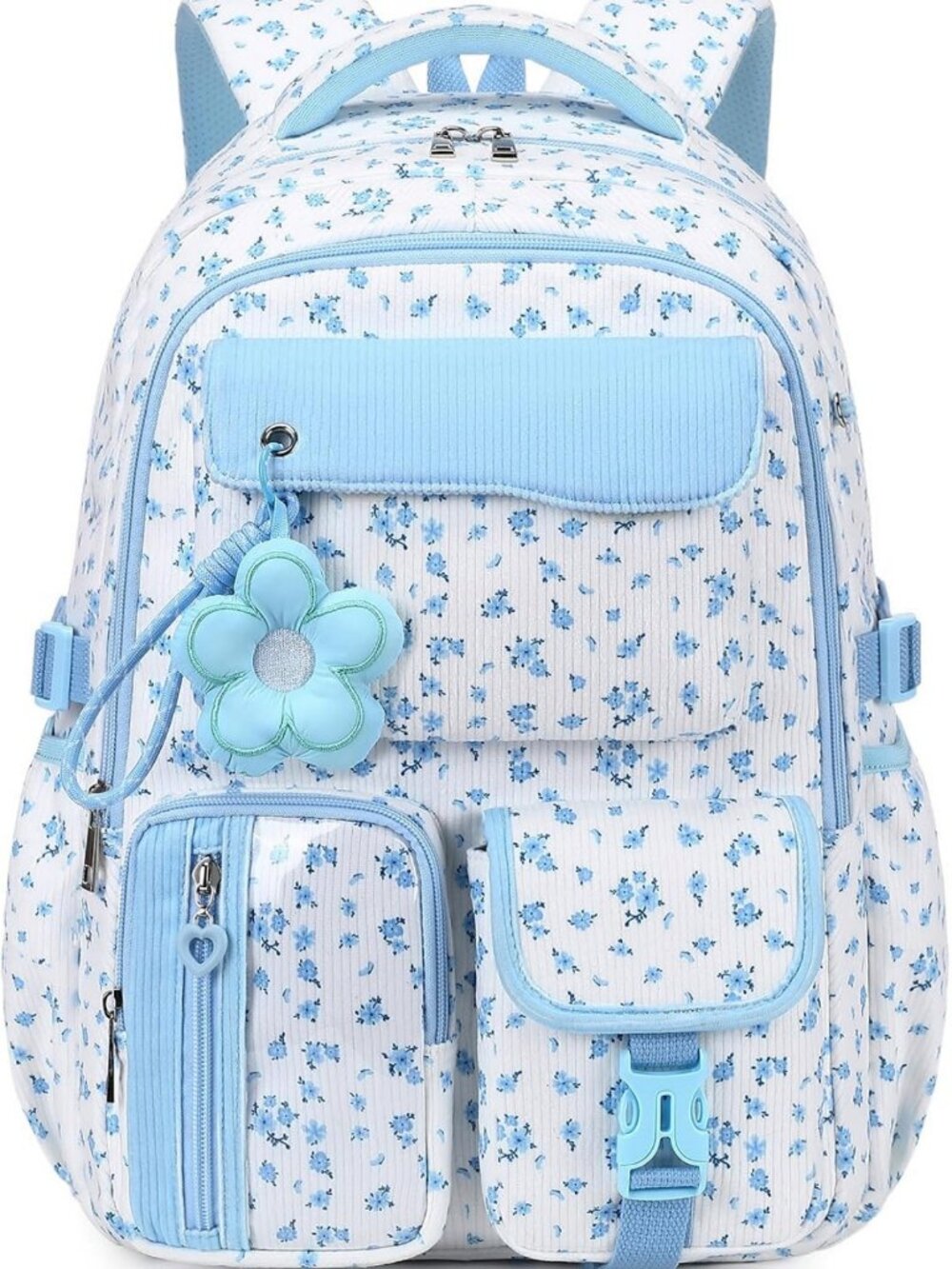Cute Floral Corduroy School Backpack for Girls, Stylish Bookbag for Kids, Blue